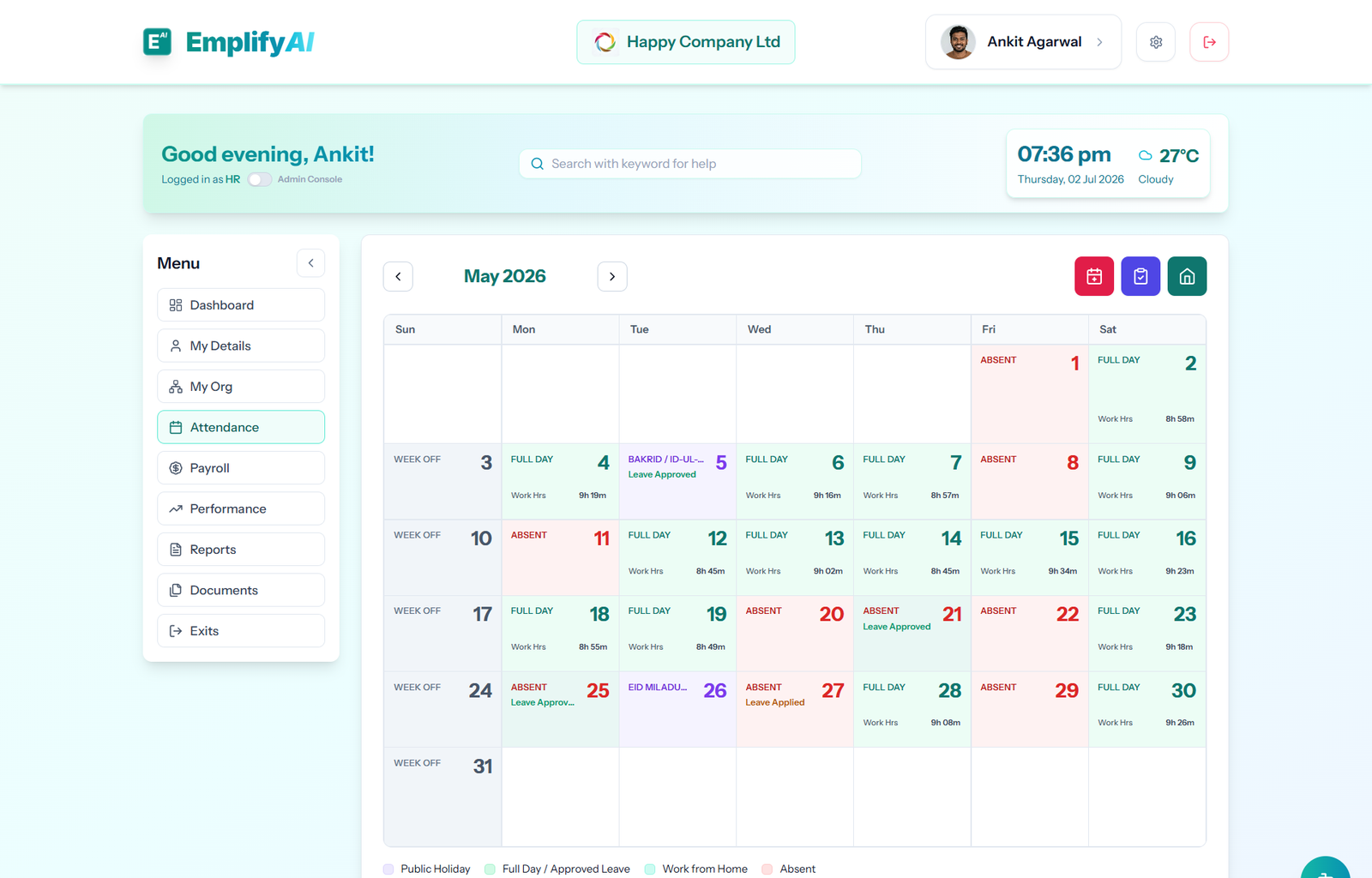 EmplifyAI attendance workspace for reviewing employee attendance and shifts