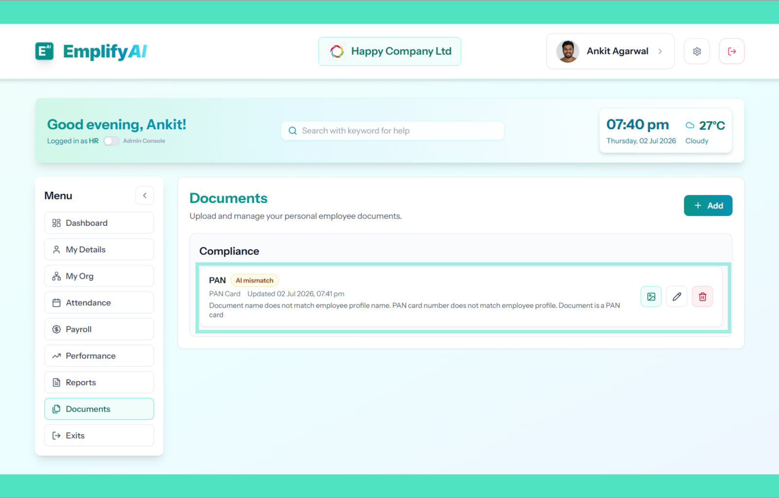 EmplifyAI document management workspace for employee records