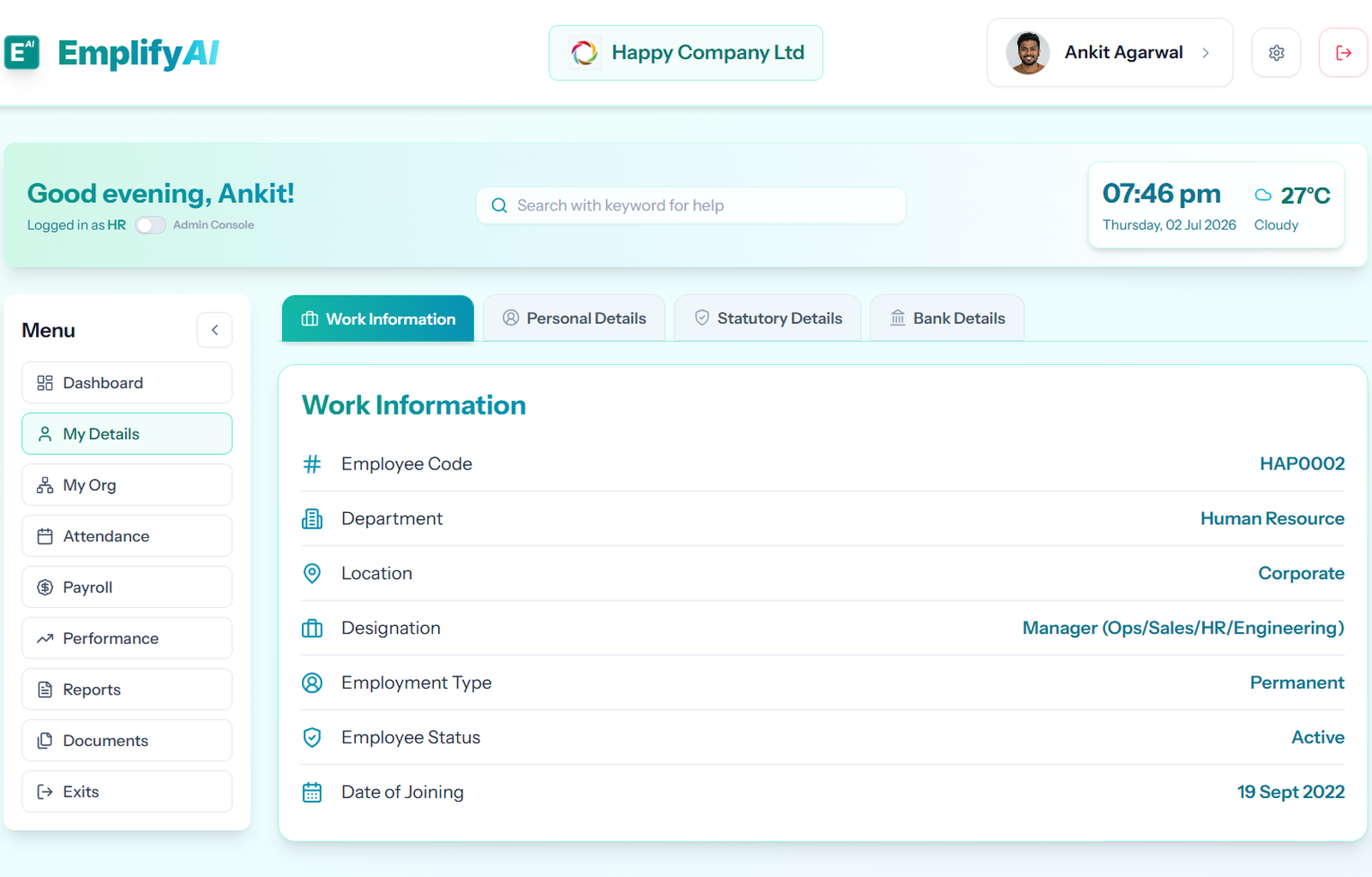 EmplifyAI employee management screen for maintaining employee records