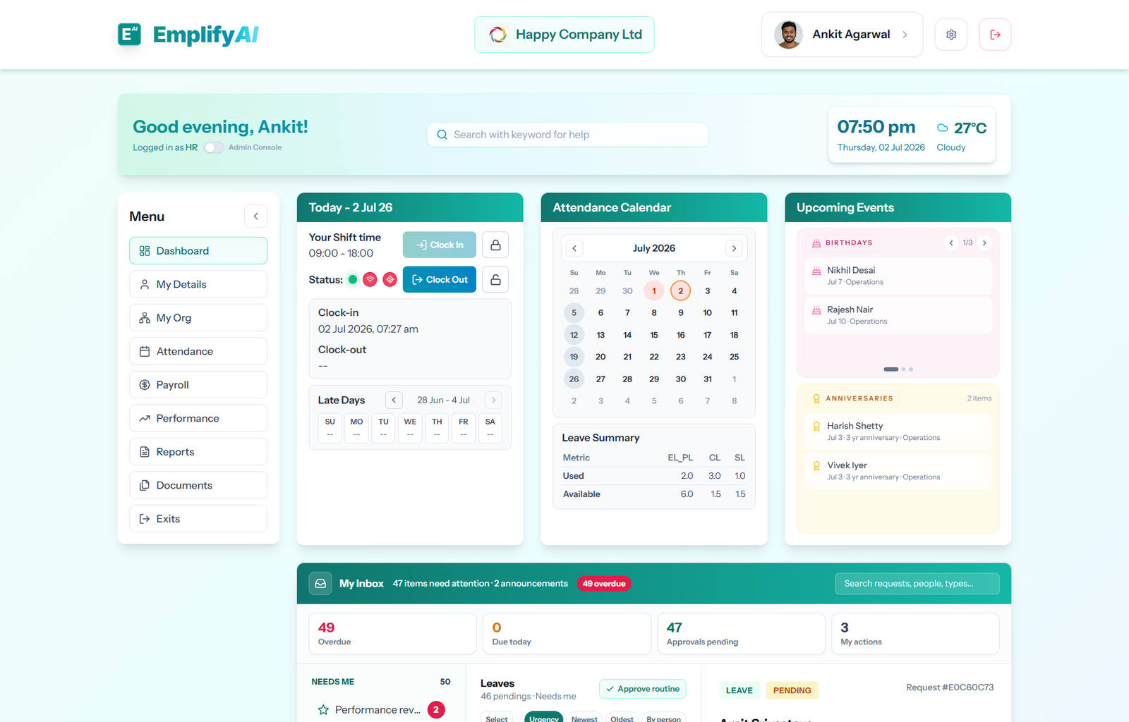 EmplifyAI employee self-service portal with everyday employee HR tasks