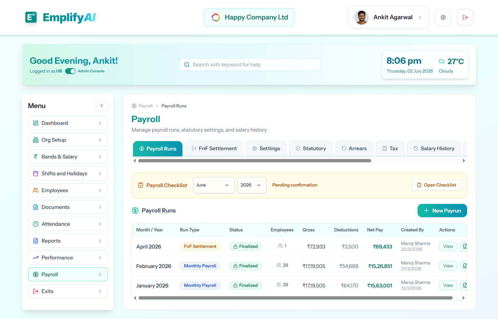 EmplifyAI payroll run workspace with preview and pay run review
