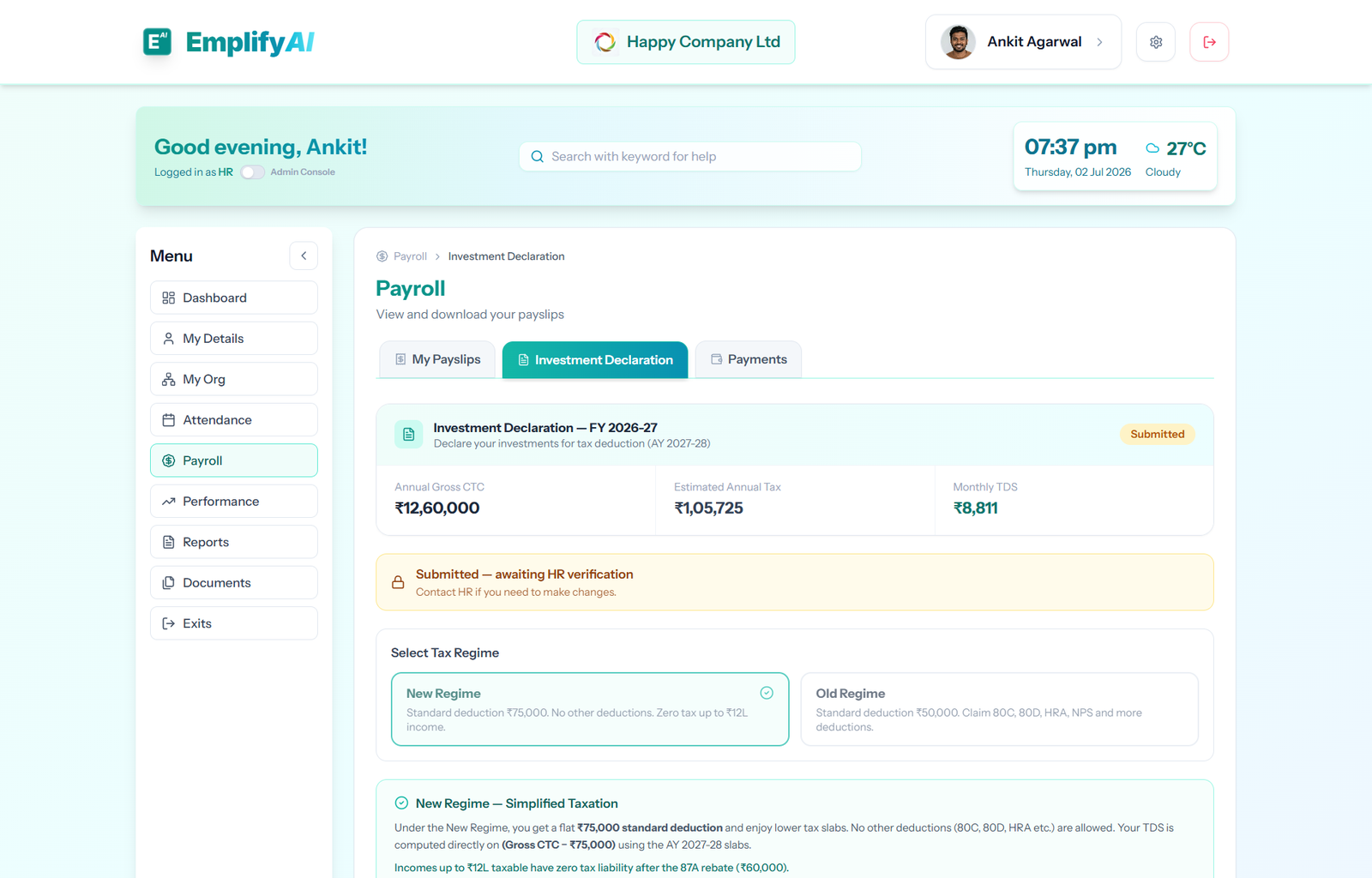 EmplifyAI payroll workspace for reviewing monthly employee pay runs