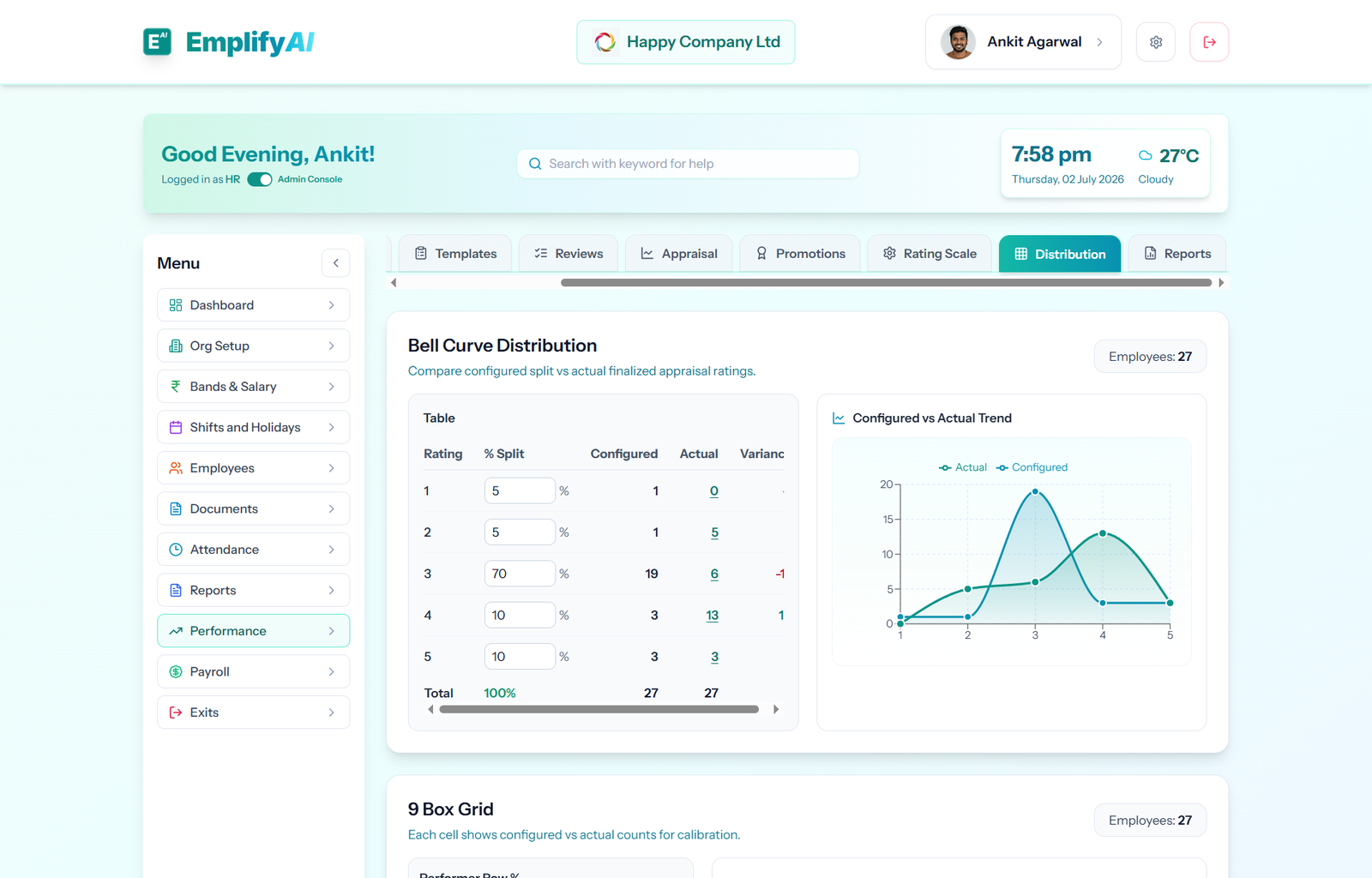 EmplifyAI performance management workspace with employee goals and reviews